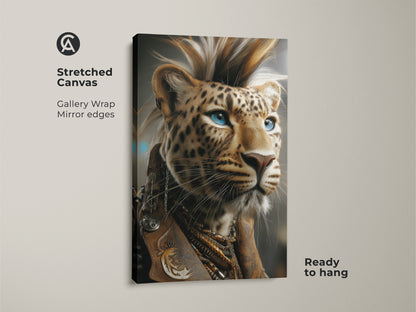 Close-up of the Punk Leopard Canvas Art. The gallery wrap features mirrored edges. It comes ready to hang. The gold and brown tones make it a stylish addition to any room.