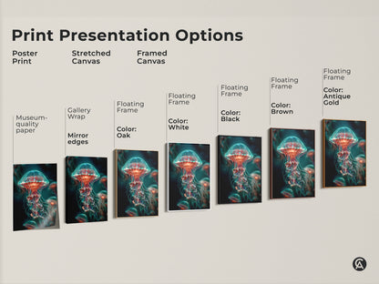 Explore print presentation options with this jellyfish artwork. Choose from poster print stretched canvas or framed canvas. Customize your display with floating frames and various colors. Find the perfect fit for your style and space.