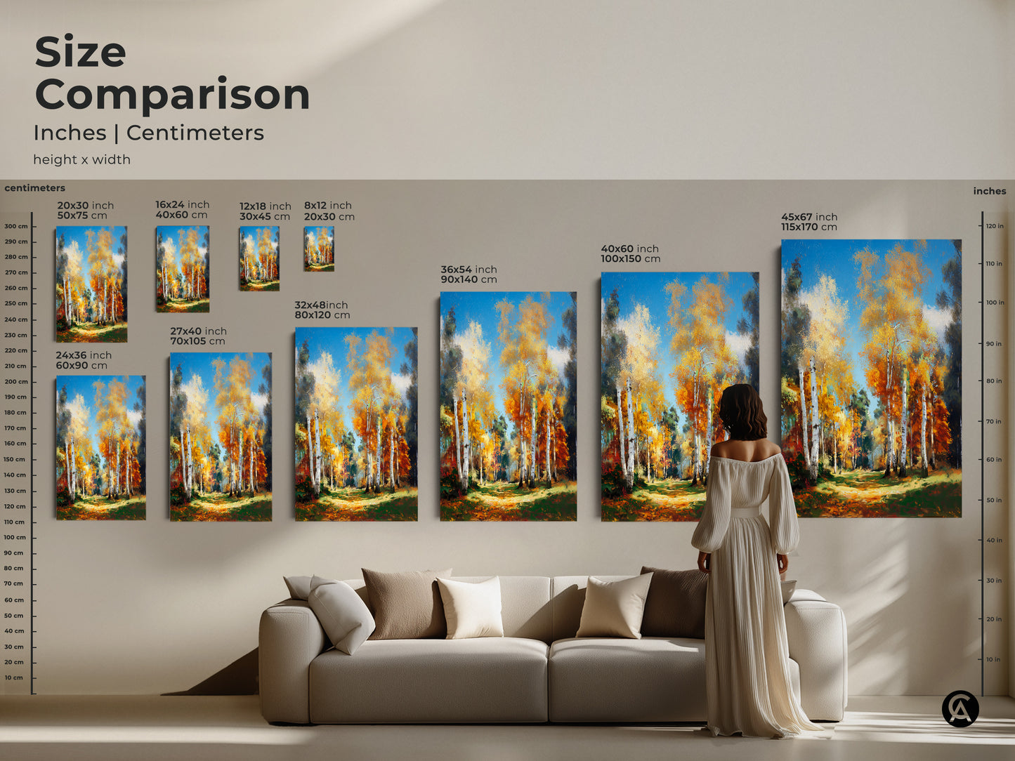 Size comparison of birch tree art prints. See inches and centimeters for each size. Art ranges from small to large. A woman stands next to the largest size for scale. Visualize how artwork will look in your home. Discover the perfect size today.