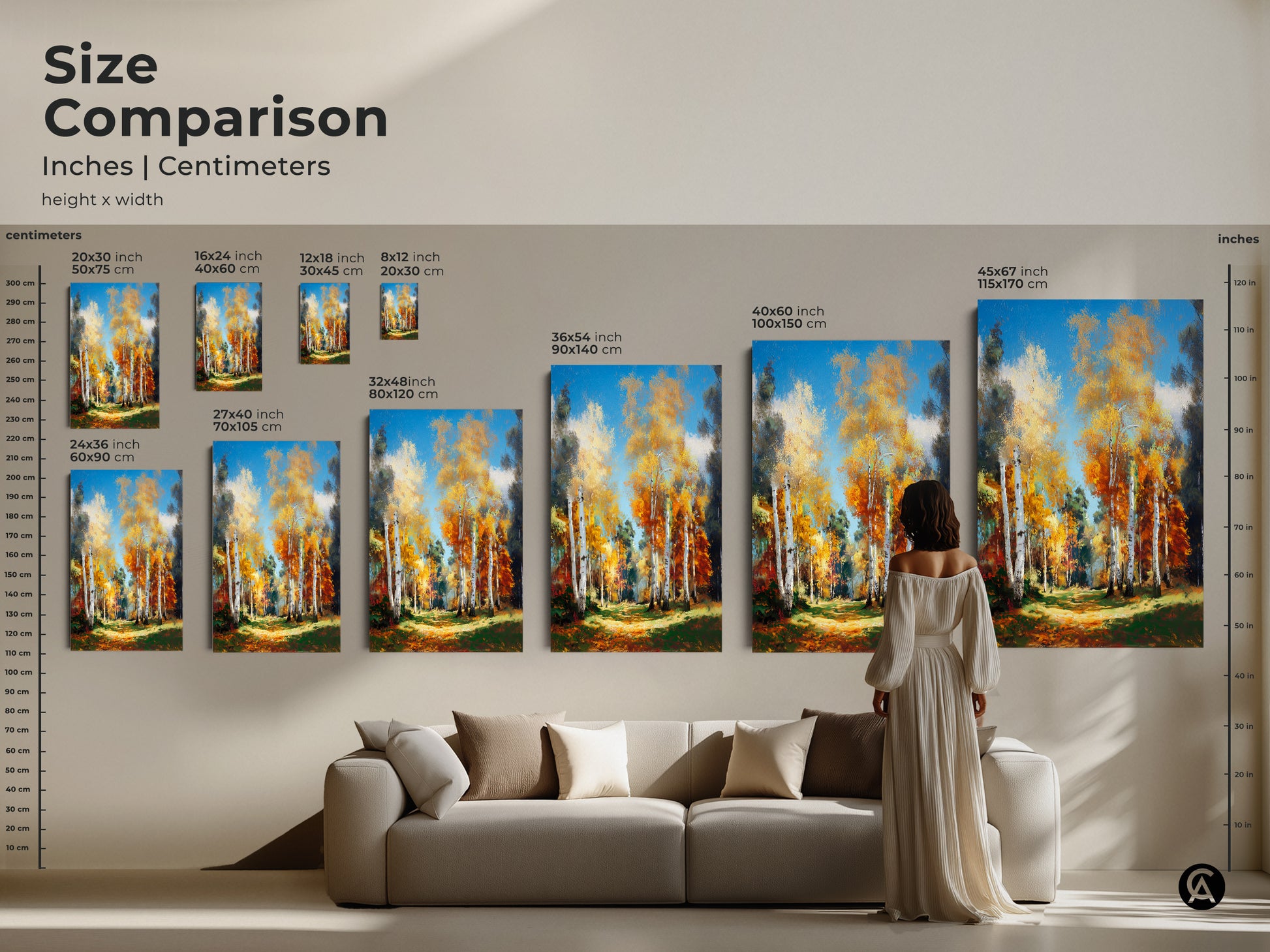 Size comparison of birch tree art prints. See inches and centimeters for each size. Art ranges from small to large. A woman stands next to the largest size for scale. Visualize how artwork will look in your home. Discover the perfect size today.