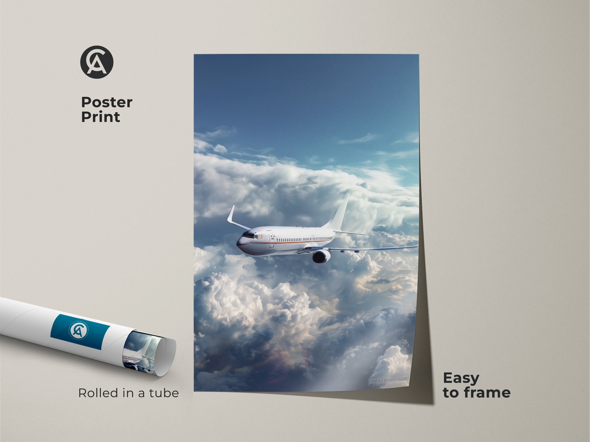 Poster print of an airplane flying through clouds. This photorealistic aviation wall art is rolled in a tube. It is easy to frame this modern sky blue airplane print. A great gift for travel enthusiasts.
