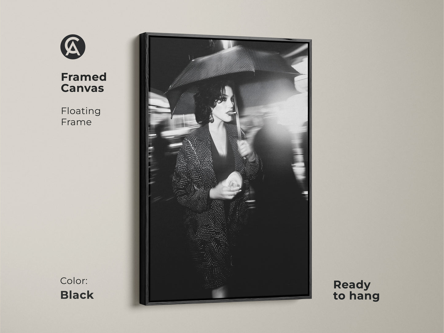 Add sophistication with this framed canvas art. The black floating frame enhances the monochrome woman art. This street photography print arrives ready to hang. It is a chic fashion wall decor piece. Elevate your home with contemporary art. Perfect for urban apartment decor.