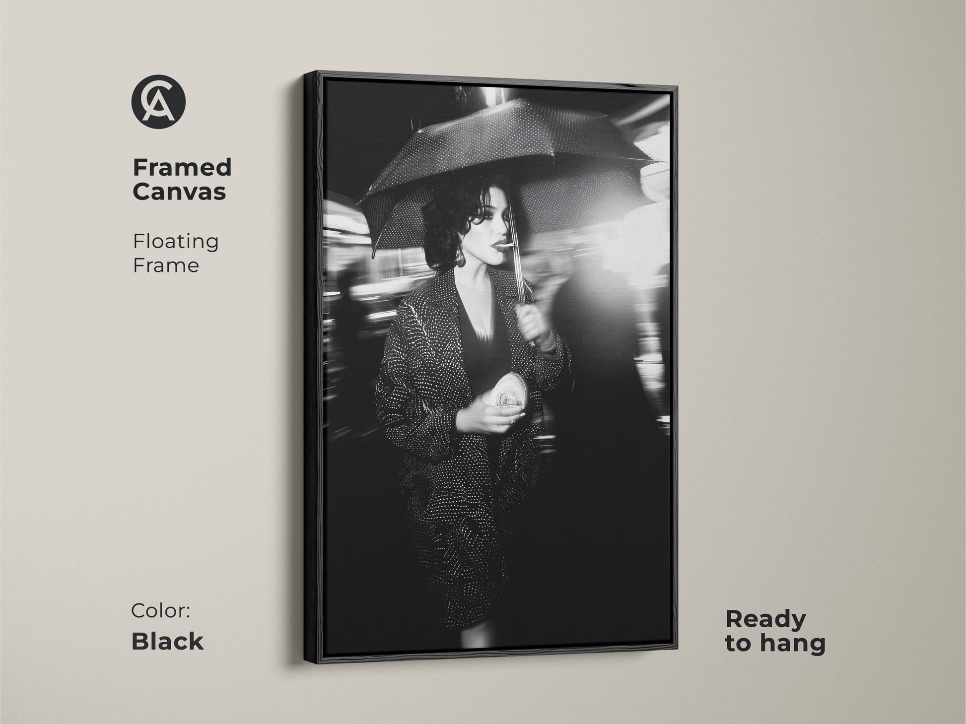 Add sophistication with this framed canvas art. The black floating frame enhances the monochrome woman art. This street photography print arrives ready to hang. It is a chic fashion wall decor piece. Elevate your home with contemporary art. Perfect for urban apartment decor.
