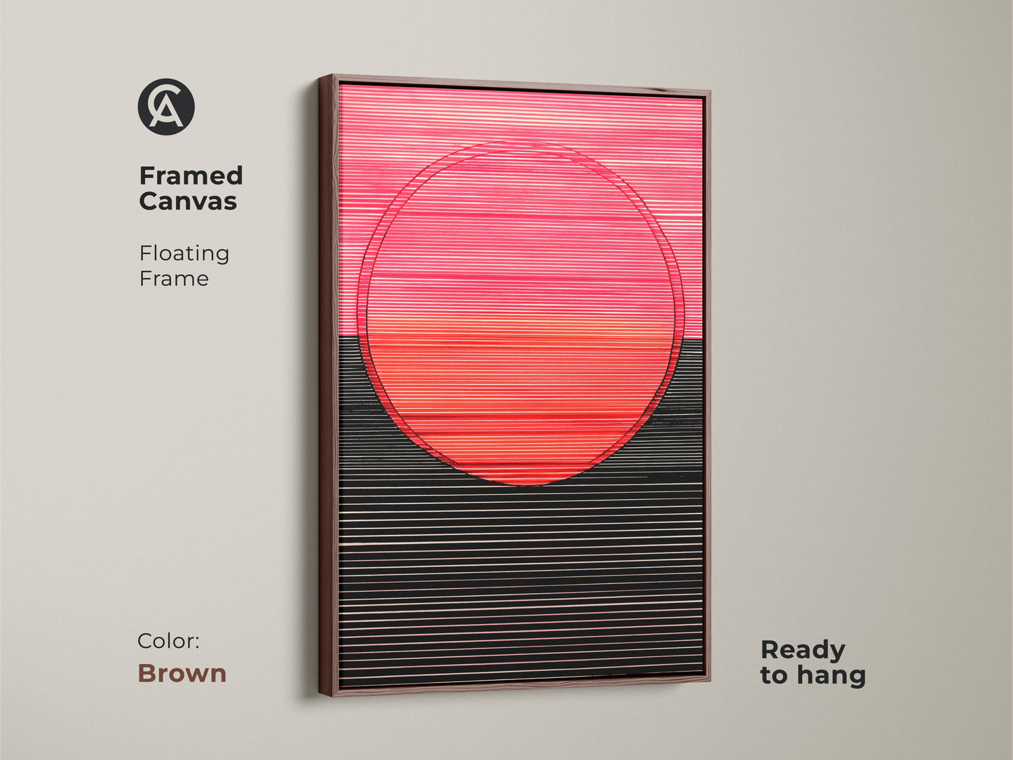 Ready to hang framed canvas art of geometric lines and circle. The floating frame has a brown finish. This modern minimalist wall decor is hot pink coral and black. Perfect for any room.