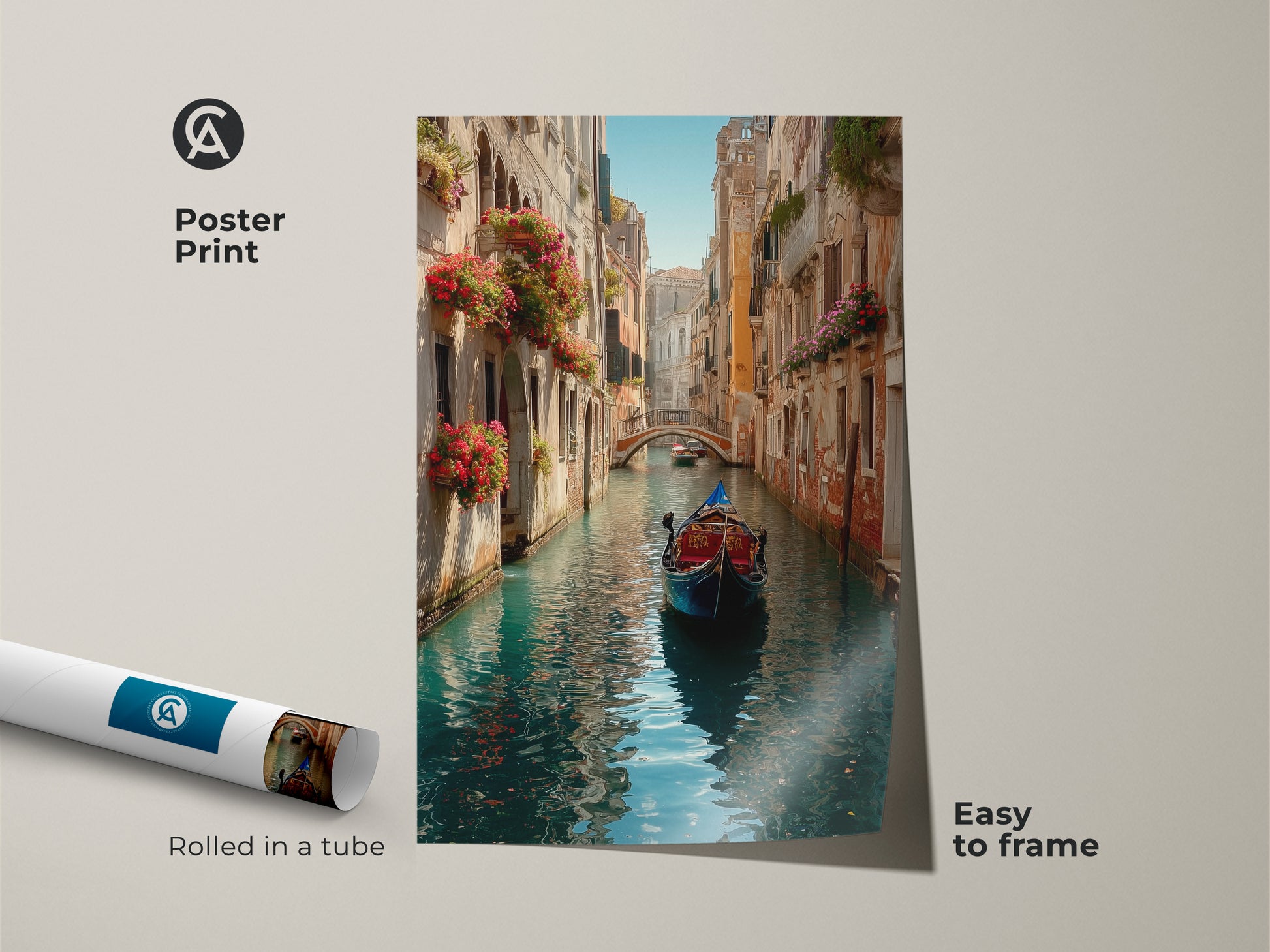 Enhance your decor with this Venice poster print. A gondola glides through a canal framed by old buildings. Flower-filled window boxes add vibrant color to the scene. The museum-quality paper ensures lasting beauty and is easy to frame. Buy Now!