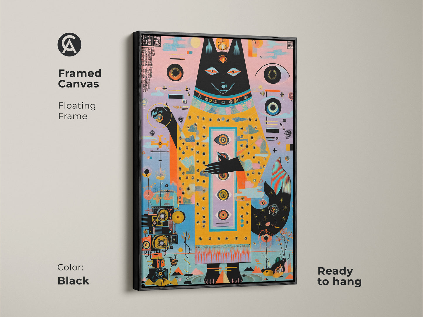 Framed canvas featuring abstract geometric dog artwork in a floating frame. The black frame complements the surreal dog spirit canvas print. Ready to hang this teal pink yellow artwork brings eclectic home office art.