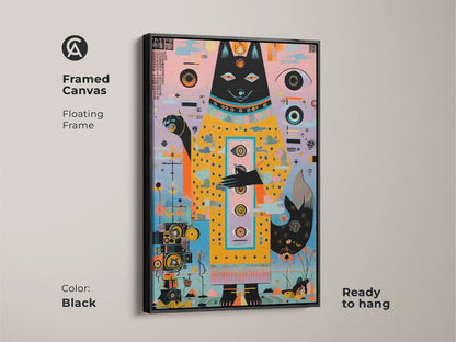 Framed canvas featuring abstract geometric dog artwork in a floating frame. The black frame complements the surreal dog spirit canvas print. Ready to hang this teal pink yellow artwork brings eclectic home office art.