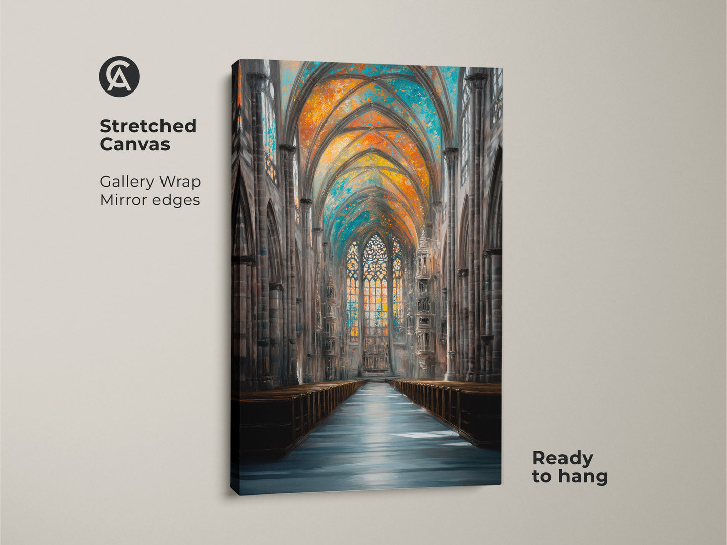 This stretched canvas art showcases a Gothic cathedral interior. The gallery wrapped canvas art has mirrored edges. This ready-to-hang artwork features stained glass windows with orange blue and teal colors. Bring classic beauty to your living space with this Gothic Revival wall art.