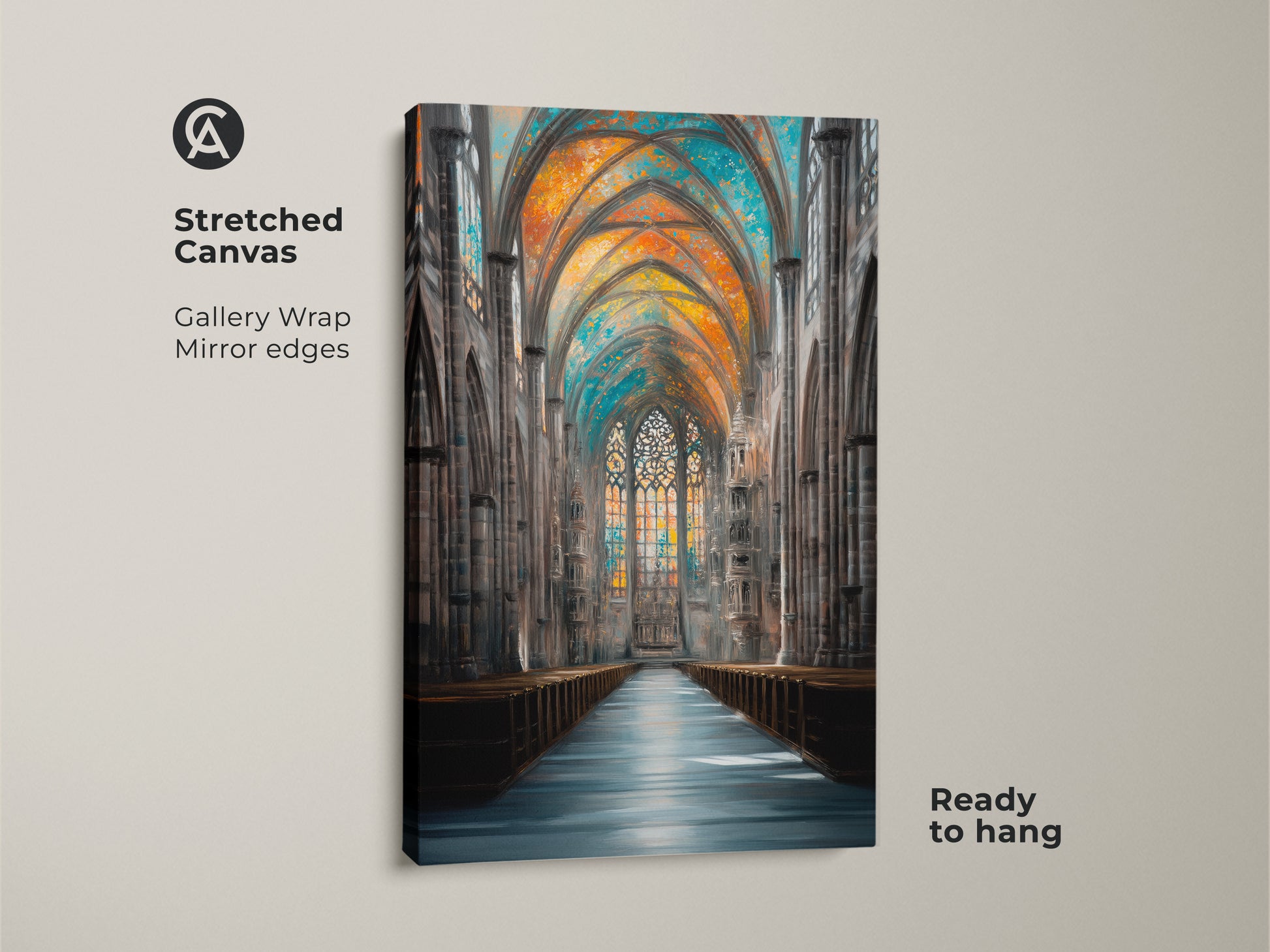 This stretched canvas art showcases a Gothic cathedral interior. The gallery wrapped canvas art has mirrored edges. This ready-to-hang artwork features stained glass windows with orange blue and teal colors. Bring classic beauty to your living space with this Gothic Revival wall art.