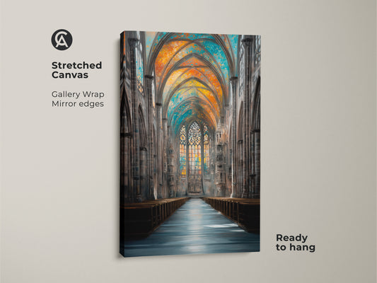 This stretched canvas art showcases a Gothic cathedral interior. The gallery wrapped canvas art has mirrored edges. This ready-to-hang artwork features stained glass windows with orange blue and teal colors. Bring classic beauty to your living space with this Gothic Revival wall art.
