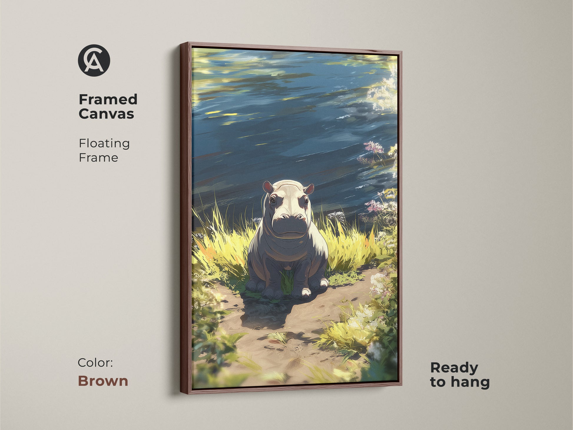 Framed canvas of a cute hippo sitting by the water. The floating frame is brown and ready to hang. Blue green and yellow colors create a serene scene. This is perfect jungle river animal art for eclectic home decor.