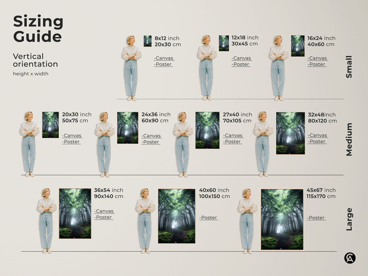 Sizing guide shows various sizes for misty forest path canvas and poster art. Vertical orientations are available to suit your space. Choose the perfect size for your emerald green pine trees landscape. This rustic bedroom decor makes a thoughtful nature lover housewarming gift. Enhance your home today.