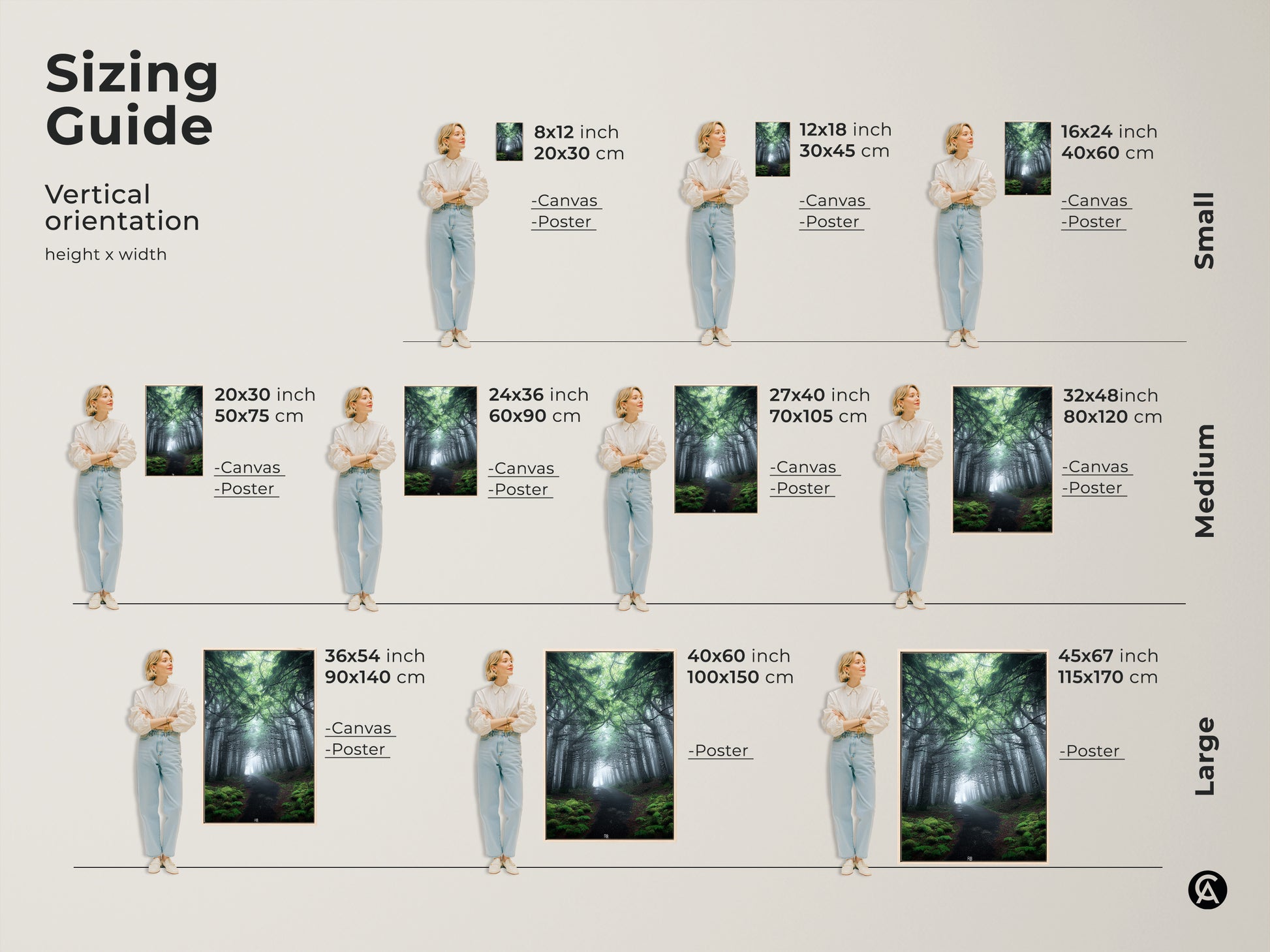Sizing guide shows various sizes for misty forest path canvas and poster art. Vertical orientations are available to suit your space. Choose the perfect size for your emerald green pine trees landscape. This rustic bedroom decor makes a thoughtful nature lover housewarming gift. Enhance your home today.