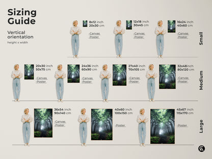 Sizing guide shows various sizes for misty forest path canvas and poster art. Vertical orientations are available to suit your space. Choose the perfect size for your emerald green pine trees landscape. This rustic bedroom decor makes a thoughtful nature lover housewarming gift. Enhance your home today.
