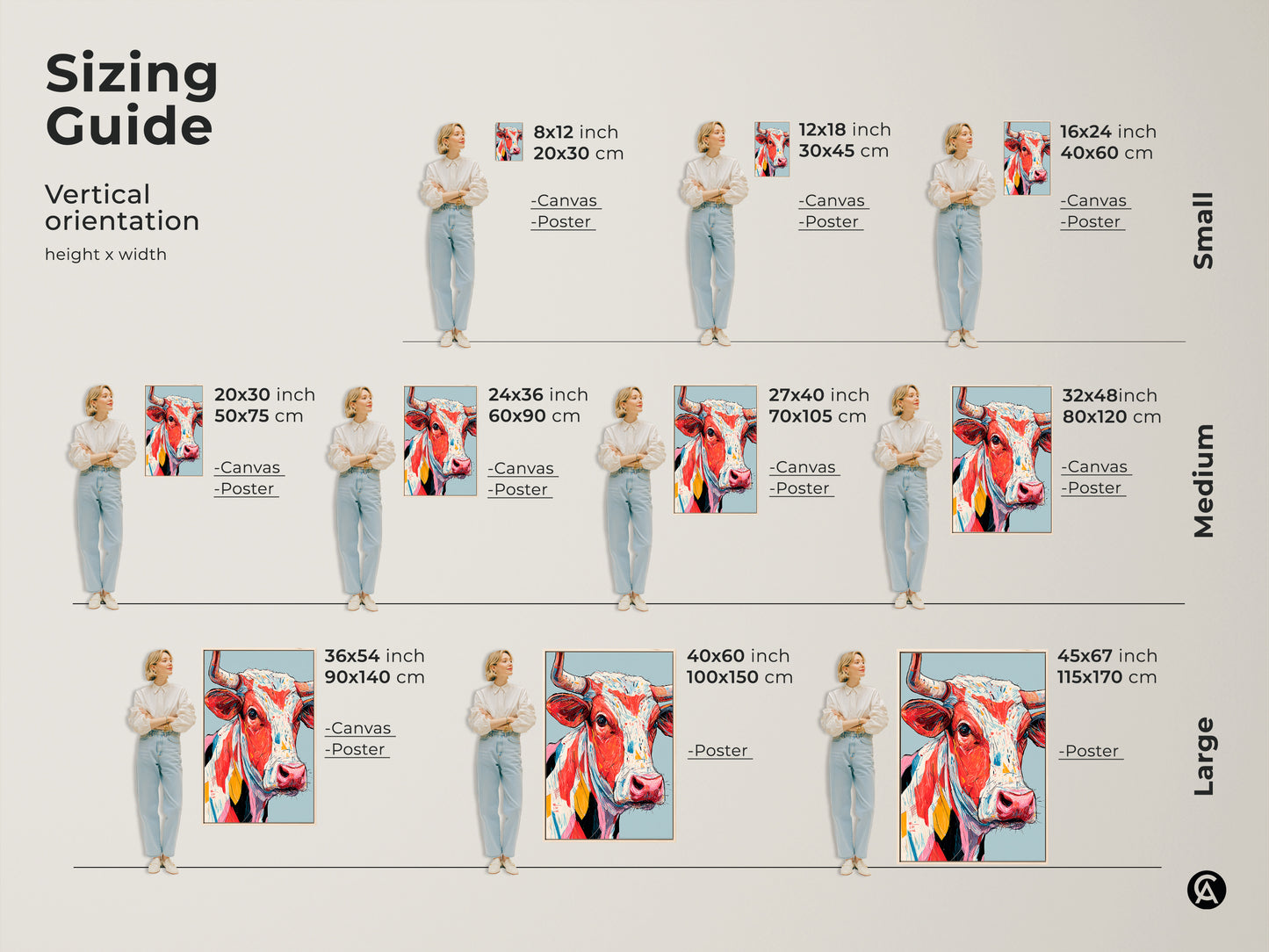 Sizing guide for the colorful cow artwork canvas and poster prints. Visualize small medium and large sizes. Select the perfect dimensions. Enhance your space with this vibrant animal art. Shop now.
