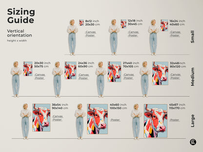 Sizing guide for the colorful cow artwork canvas and poster prints. Visualize small medium and large sizes. Select the perfect dimensions. Enhance your space with this vibrant animal art. Shop now.