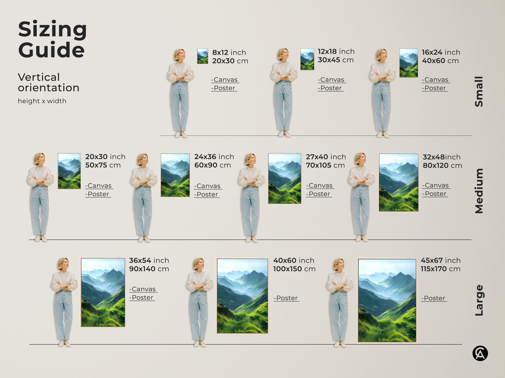 Sizing guide for vertical emerald green mountain landscape artwork. Find the ideal canvas or poster size from small medium or large. Visualize how the art fits with a person nearby for scale. Perfect for adding nature-inspired beauty to any room. Great for bedroom or living room wall decor.