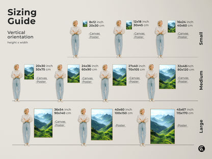 Sizing guide for vertical emerald green mountain landscape artwork. Find the ideal canvas or poster size from small medium or large. Visualize how the art fits with a person nearby for scale. Perfect for adding nature-inspired beauty to any room. Great for bedroom or living room wall decor.