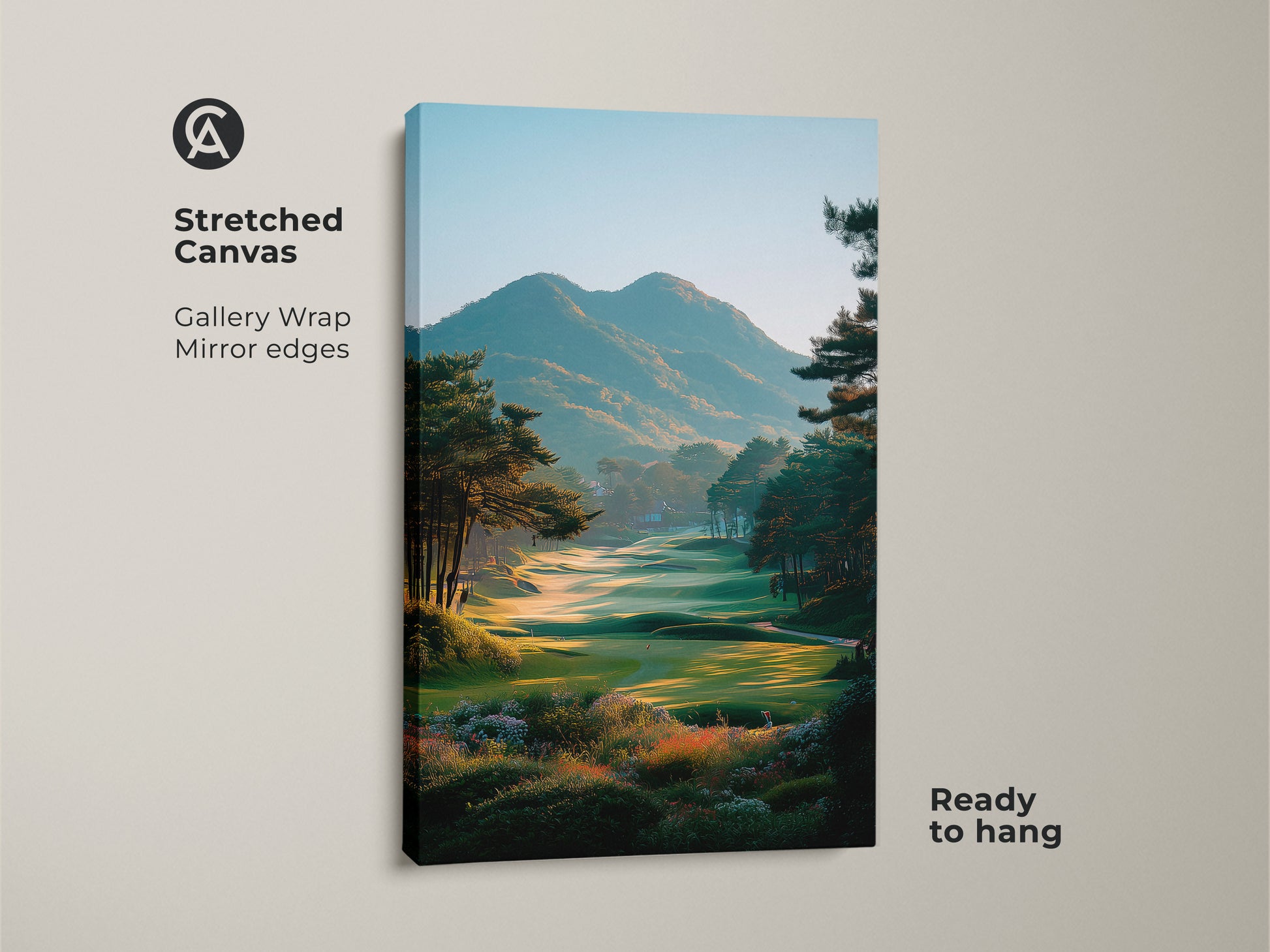 Stretched canvas art featuring a scenic golf course view. The gallery wrapped canvas has mirrored edges and is ready to hang. The artwork captures the beauty of the green with mountains in the distance. A great art piece for golf enthusiasts.