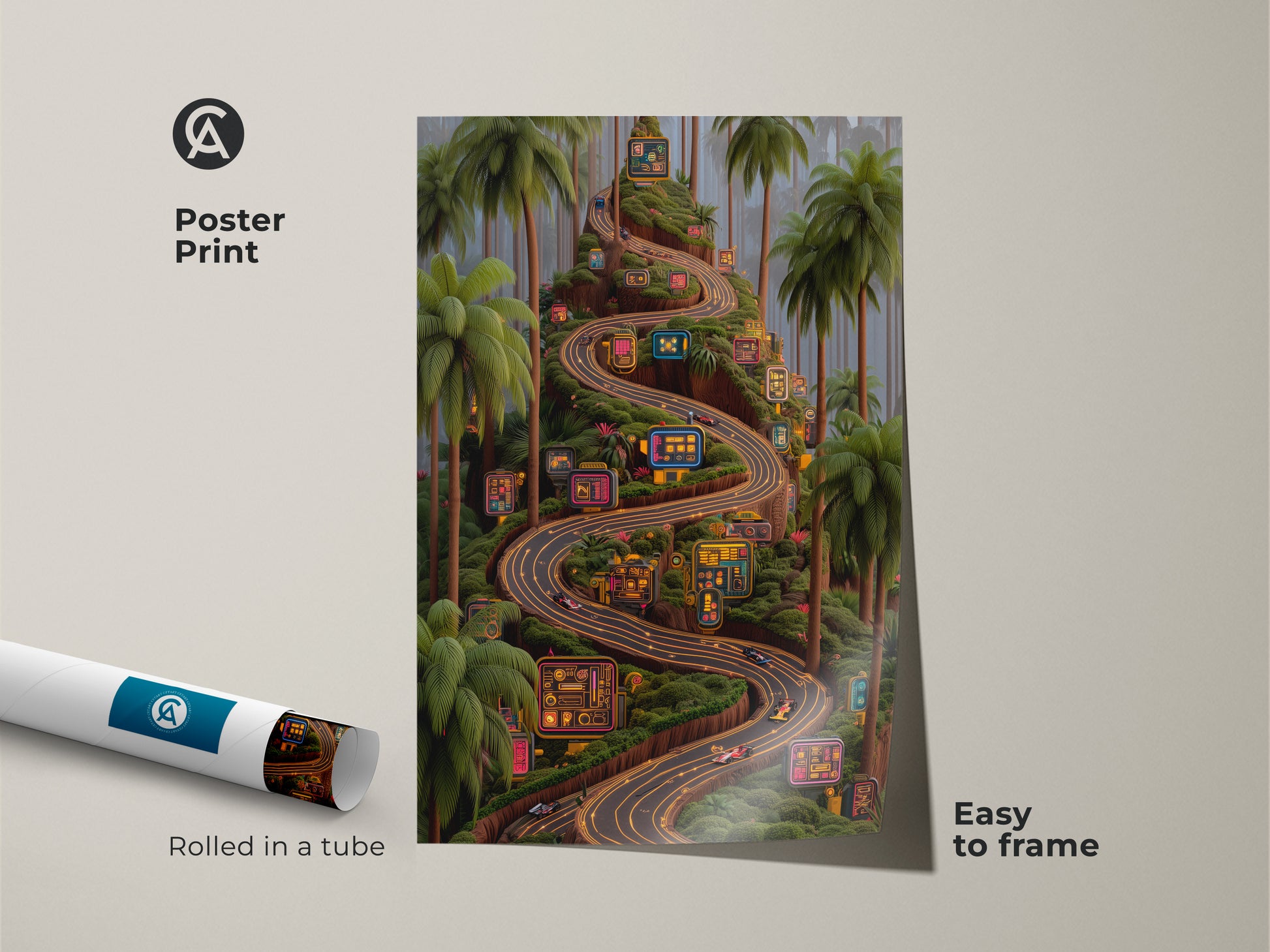 Poster print of a neon road winds through a tropical palm landscape. Easy to frame cyberpunk racing artwork. It's a unique blend of fantasy and technology. An ideal gift for F1 fans perfect for a game room or man cave with its striking neon colors and dynamic digital art style.