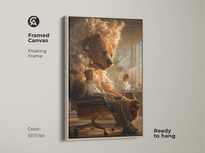 Framed canvas of a surreal bear man art print with a white floating frame. This eclectic artwork adds a unique touch to any home or office. This golden brown dreamlike print is perfect for creative spaces art lovers.