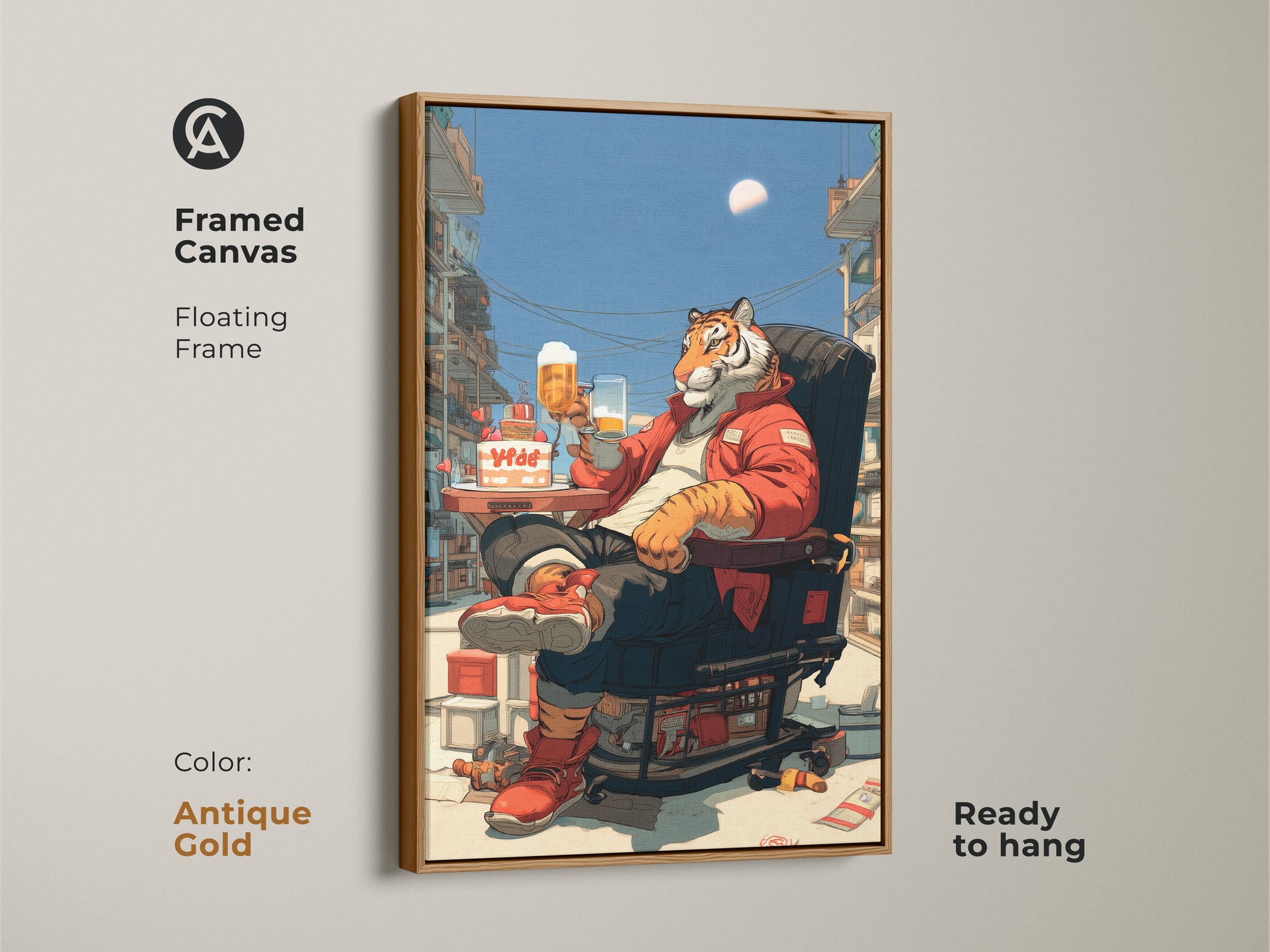 Framed canvas art of a tiger drinking beer. The floating frame color is antique gold. This pop surrealism animal art is ready to hang. It's a unique eclectic animal lover gift.