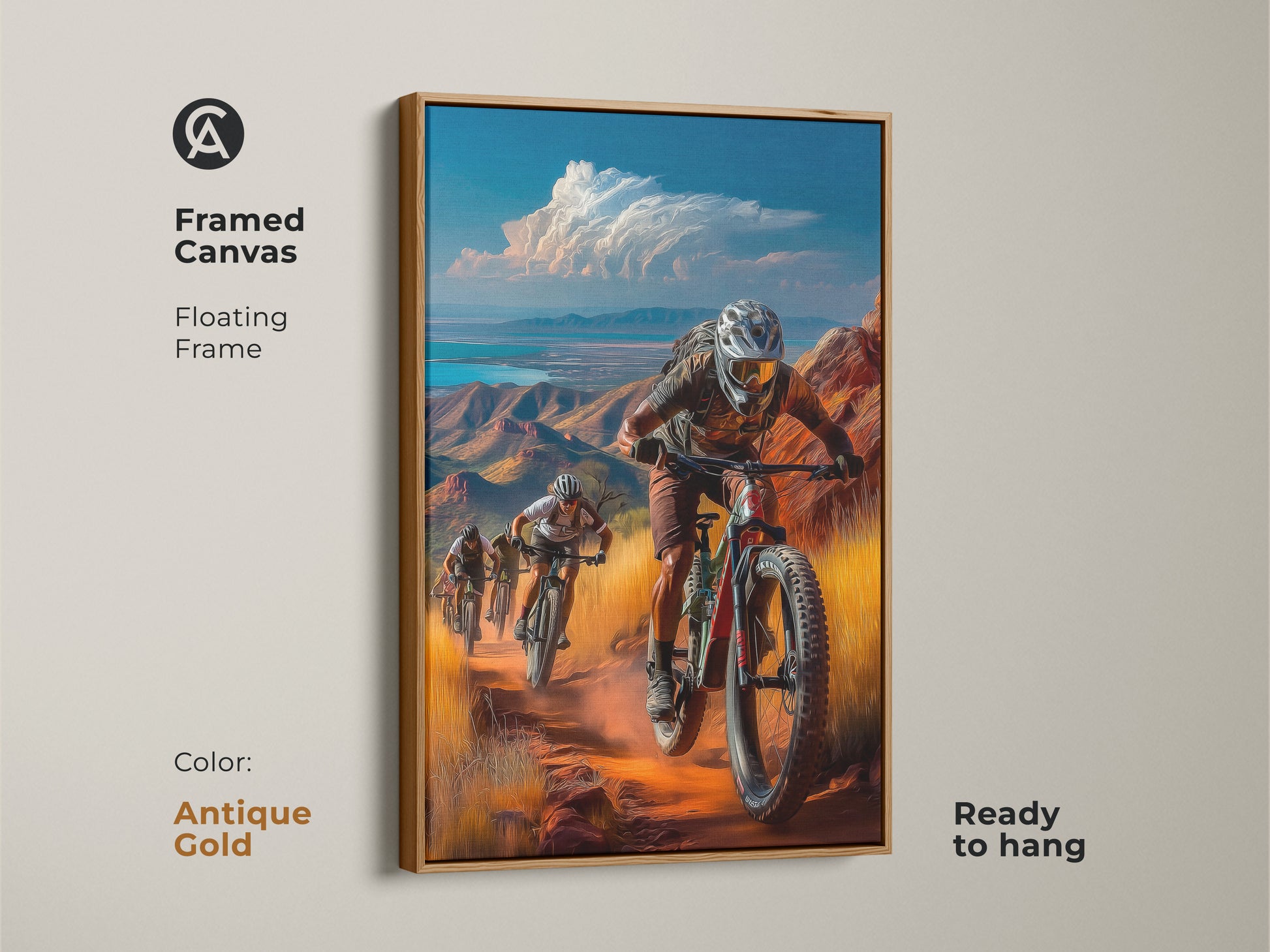 Framed canvas with an antique gold floating frame. It displays vivid landscape painting of mountain bikers. Perfect as sports theme decor or birthday gift for him a study room wall art.