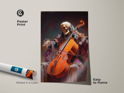 Poster print of skeleton playing cello. The artwork has a dark academia aesthetic. It's an easy-to-frame macabre music canvas print. Rolled in a protective tube.