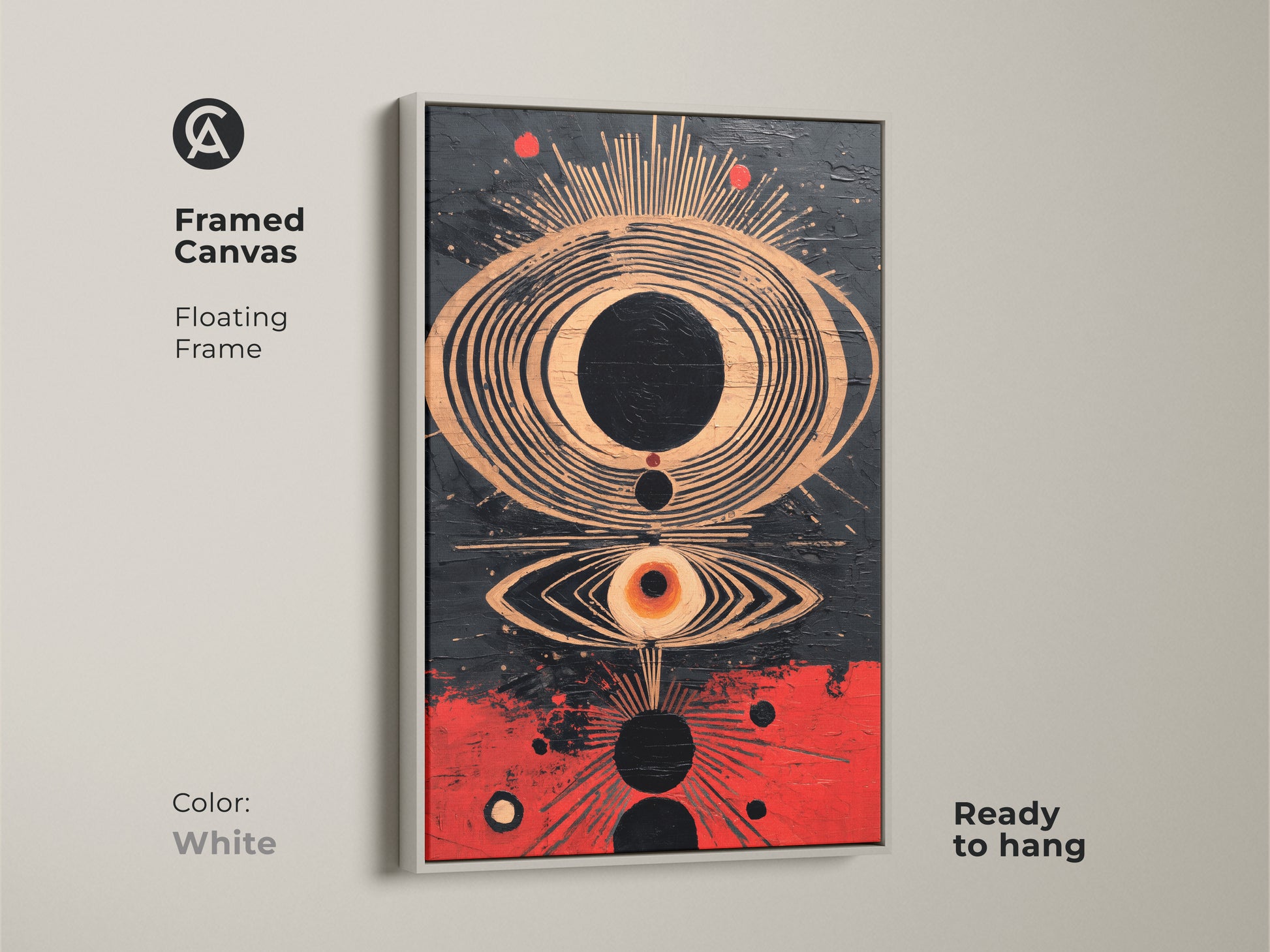 Print presentation options for abstract eye wall art. See poster stretched and framed canvas examples. Notice museum quality paper and gallery wrap mirror edges. Visualize floating frames in oak white black brown and antique gold.