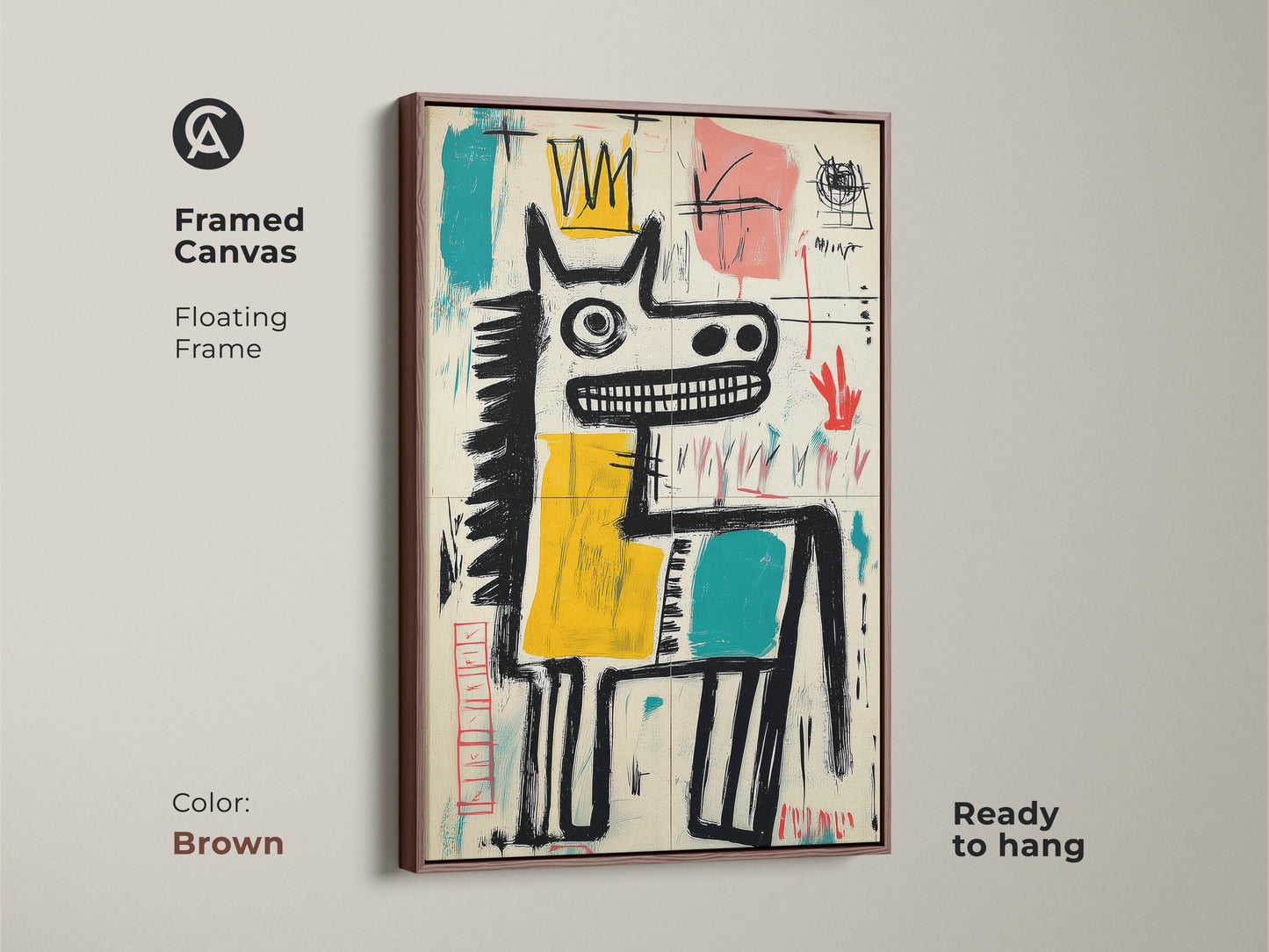 Framed canvas art print in a brown floating frame. The artwork features an abstract horse with a crown. Ready to hang for simple installation. Perfect for enhancing your home decor. A warm look.
