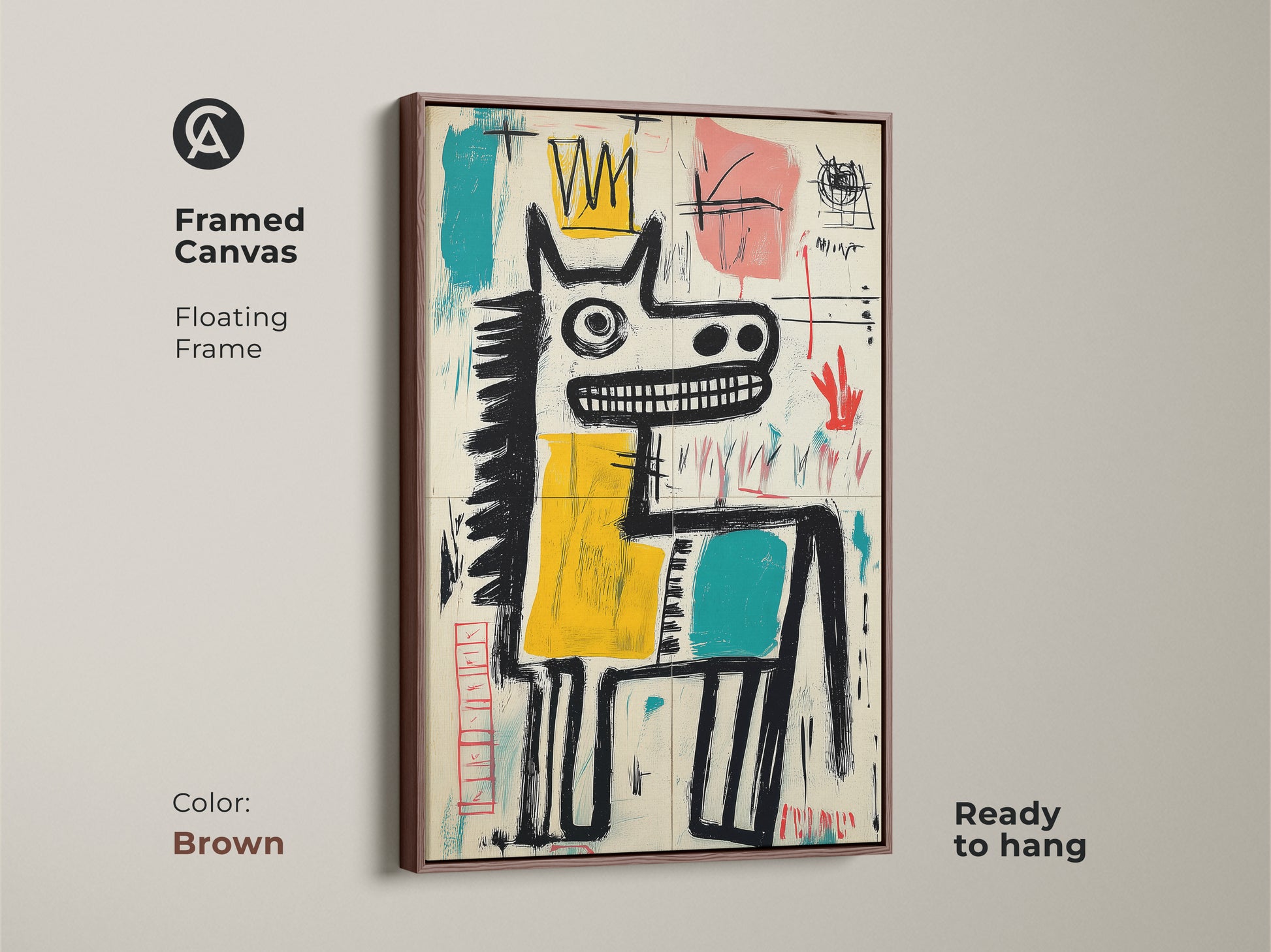 Framed canvas art print in a brown floating frame. The artwork features an abstract horse with a crown. Ready to hang for simple installation. Perfect for enhancing your home decor. A warm look.