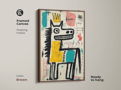Framed canvas art print in a brown floating frame. The artwork features an abstract horse with a crown. Ready to hang for simple installation. Perfect for enhancing your home decor. A warm look.