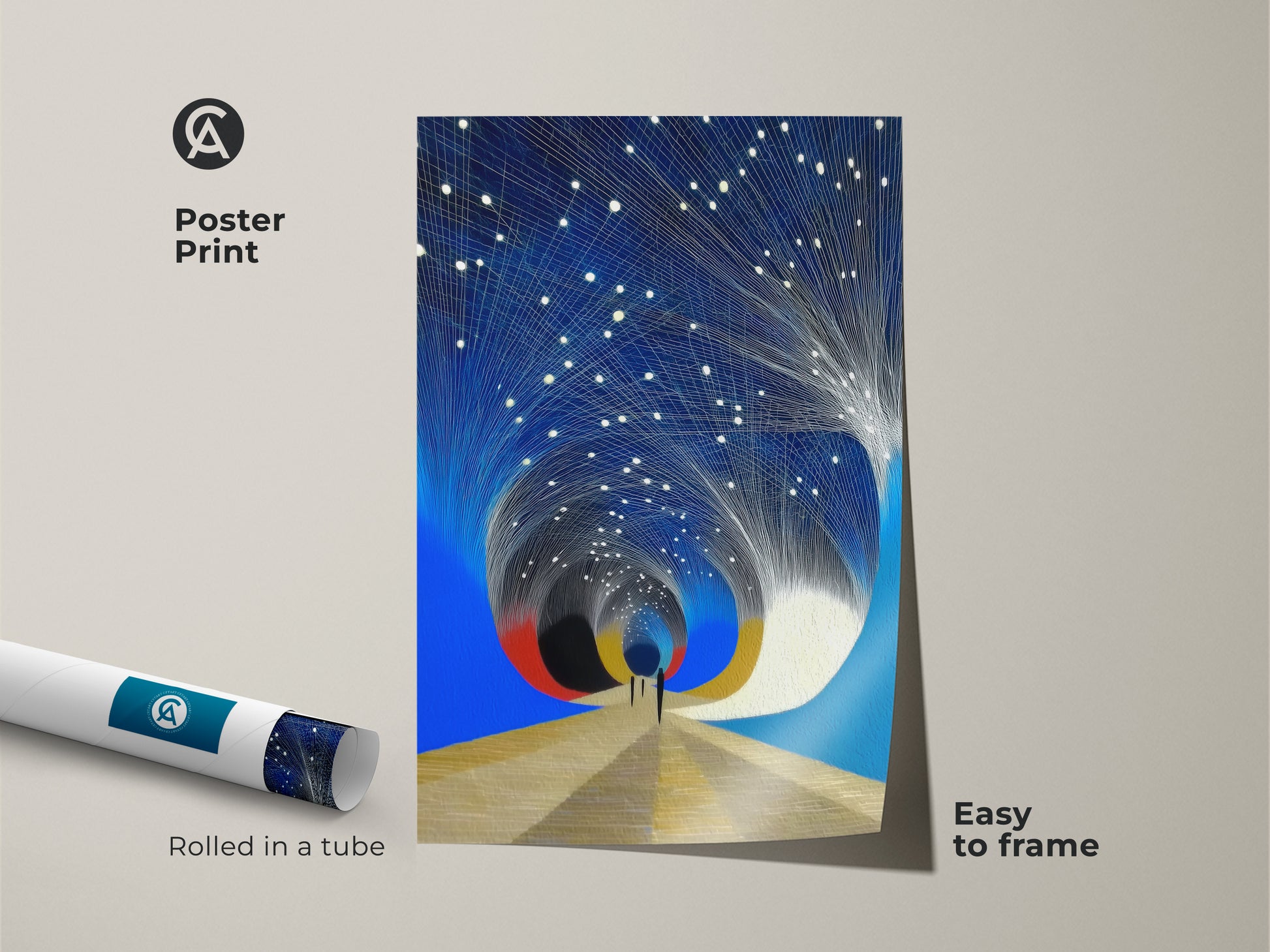 Poster print of a cosmic tunnel artwork. Rolled in a tube for easy framing this contemporary abstract print showcases a deep blue galaxy art. This is an ideal unique home office art.