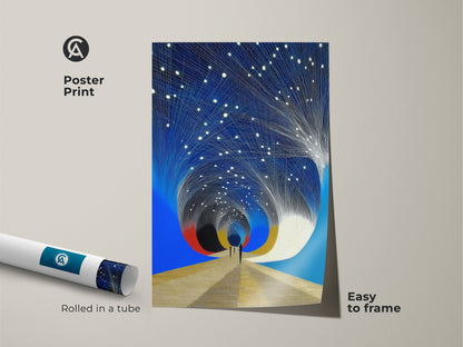Poster print of a cosmic tunnel artwork. Rolled in a tube for easy framing this contemporary abstract print showcases a deep blue galaxy art. This is an ideal unique home office art.