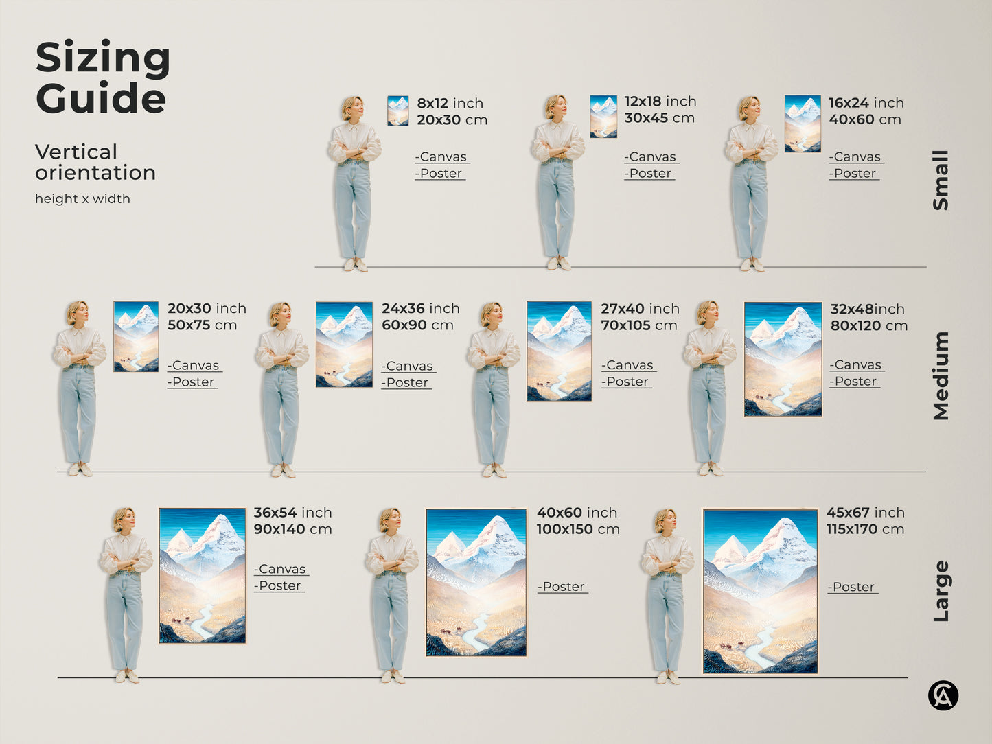 Sizing Guide showcasing our Mountain Bison artwork in various vertical orientations. See how each canvas and poster size fits perfectly bringing the stylized landscape with blue sky to life. Find the ideal nature decor for your space today.