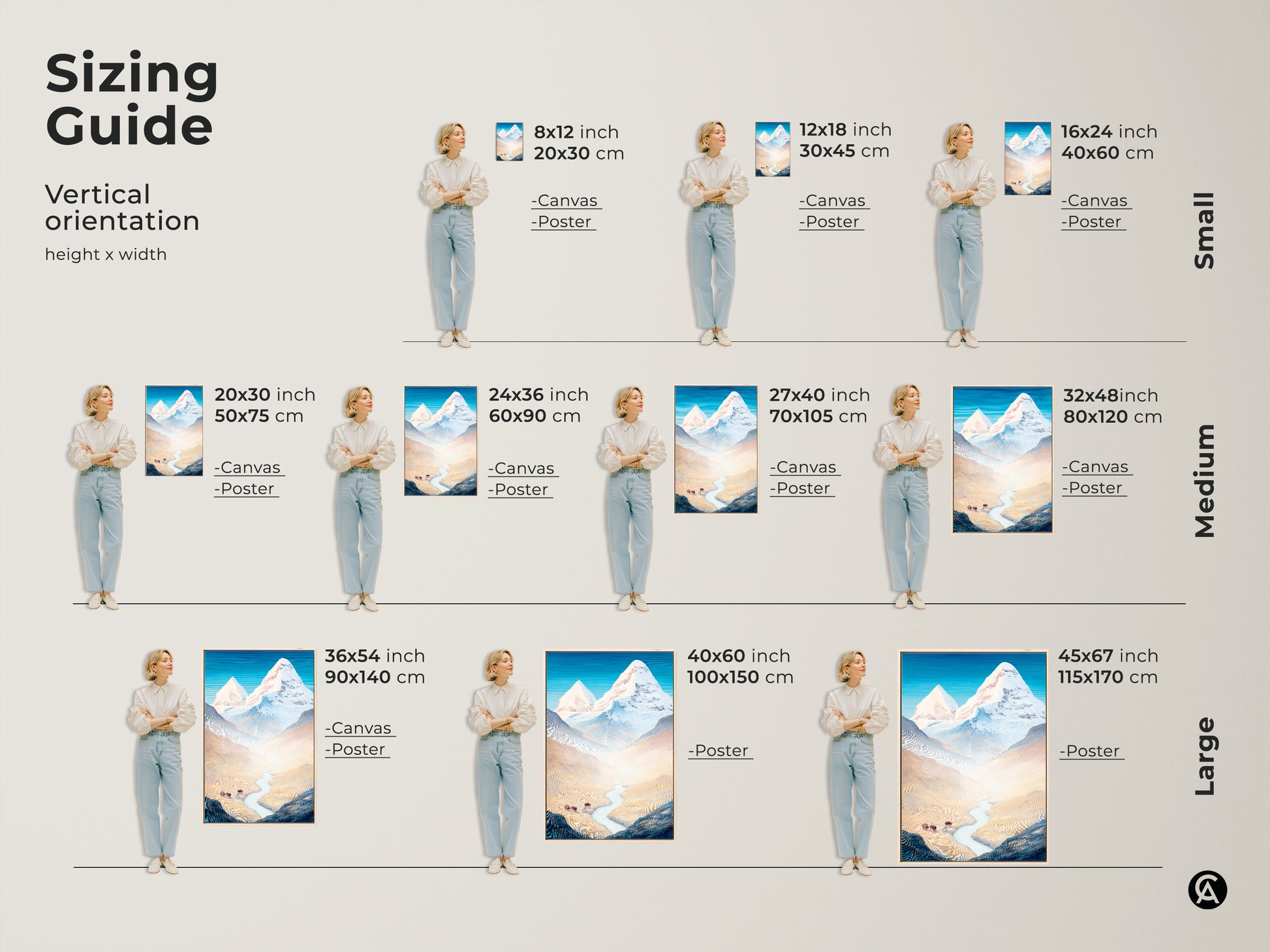 Sizing Guide showcasing our Mountain Bison artwork in various vertical orientations. See how each canvas and poster size fits perfectly bringing the stylized landscape with blue sky to life. Find the ideal nature decor for your space today.