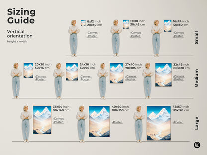 Sizing Guide showcasing our Mountain Bison artwork in various vertical orientations. See how each canvas and poster size fits perfectly bringing the stylized landscape with blue sky to life. Find the ideal nature decor for your space today.