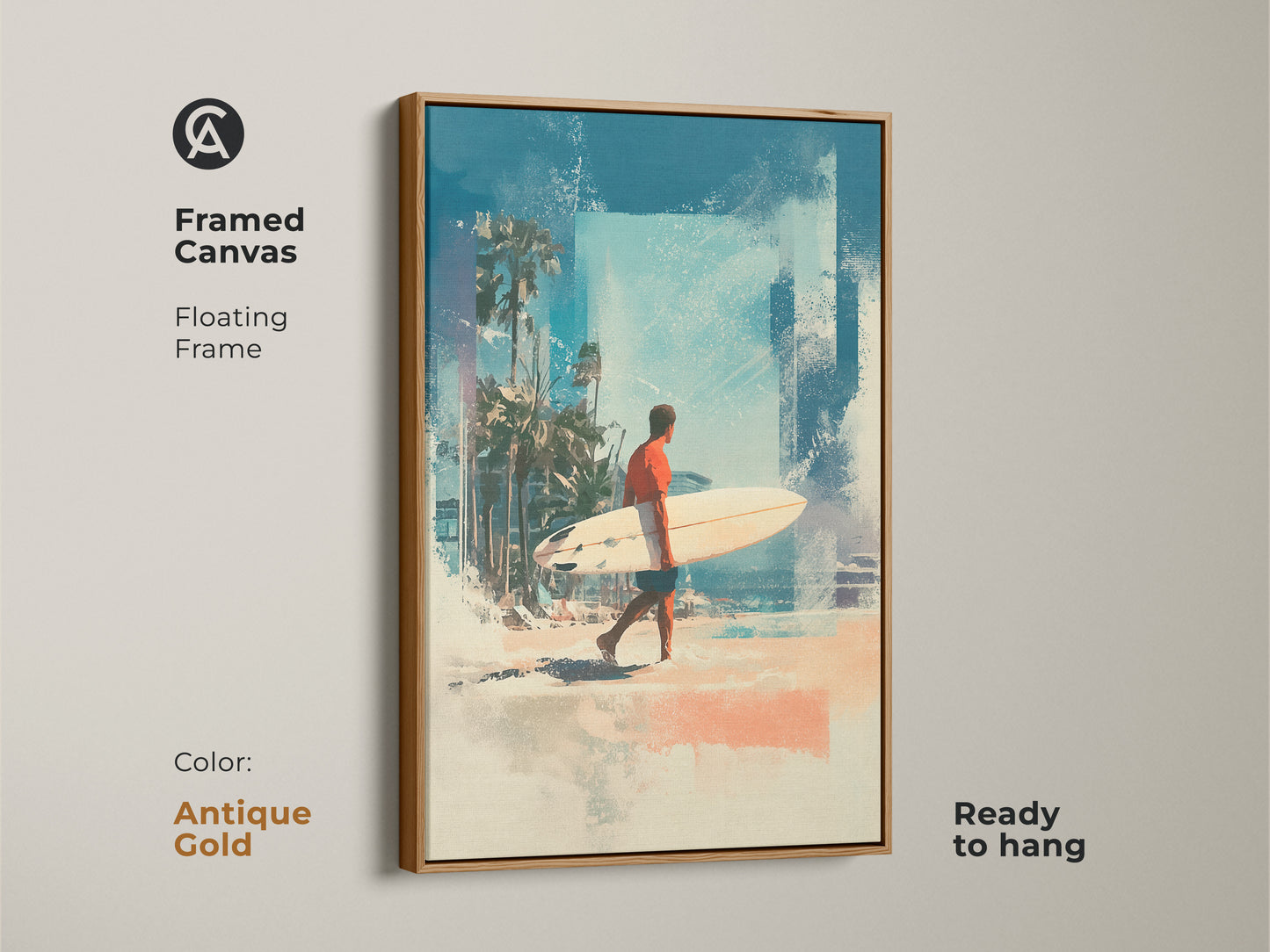 Add a touch of elegance to your decor with this framed canvas art. The antique gold floating frame enhances the beach scene. The artwork shows a surfer walking along the beach with his surfboard. Ready to hang and enjoy. Get your beach art today.