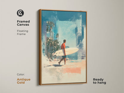 Add a touch of elegance to your decor with this framed canvas art. The antique gold floating frame enhances the beach scene. The artwork shows a surfer walking along the beach with his surfboard. Ready to hang and enjoy. Get your beach art today.