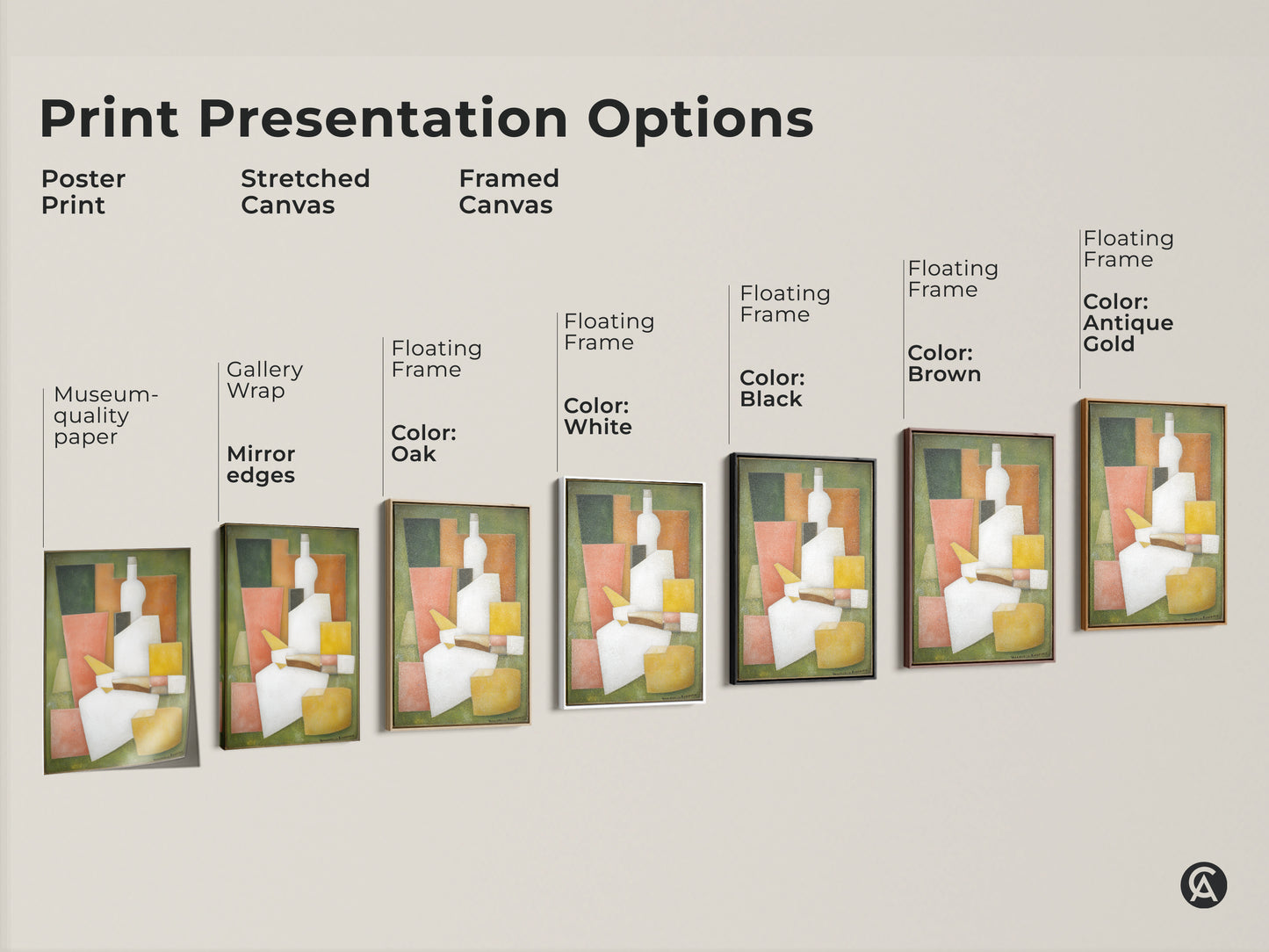 Print presentation options for the modern cubist still life art. Choose from poster print stretched canvas or framed canvas. Available with various frame colors. Find the perfect style to complement your home decor.