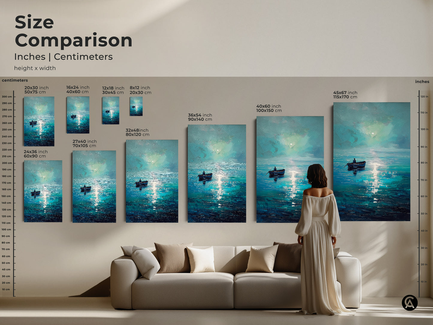 Size comparison of deep blue ocean artwork in inches and centimeters. See how various sizes fit above a sofa. This impressionistic seascape is ideal for adding a serene touch to your home. Perfect nautical home decor art.
