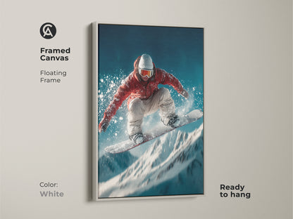 A canvas art piece featuring a snowboarder in mid-air is framed in white. The floating frame gives the artwork a clean modern look. It arrives ready to hang. This piece adds action and style to any space.