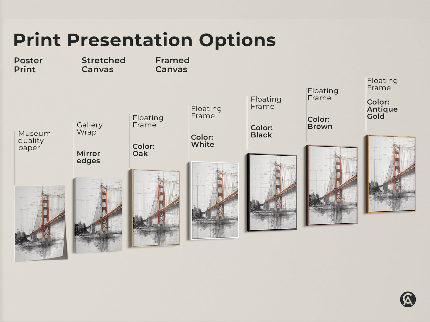 Print presentation options showcase Golden Gate Bridge art. Poster prints stretched canvas and framed canvas options are available. Floating frames come in black brown oak antique gold and white. This architectural sketch is a unique piece. It's perfect industrial wall decor.