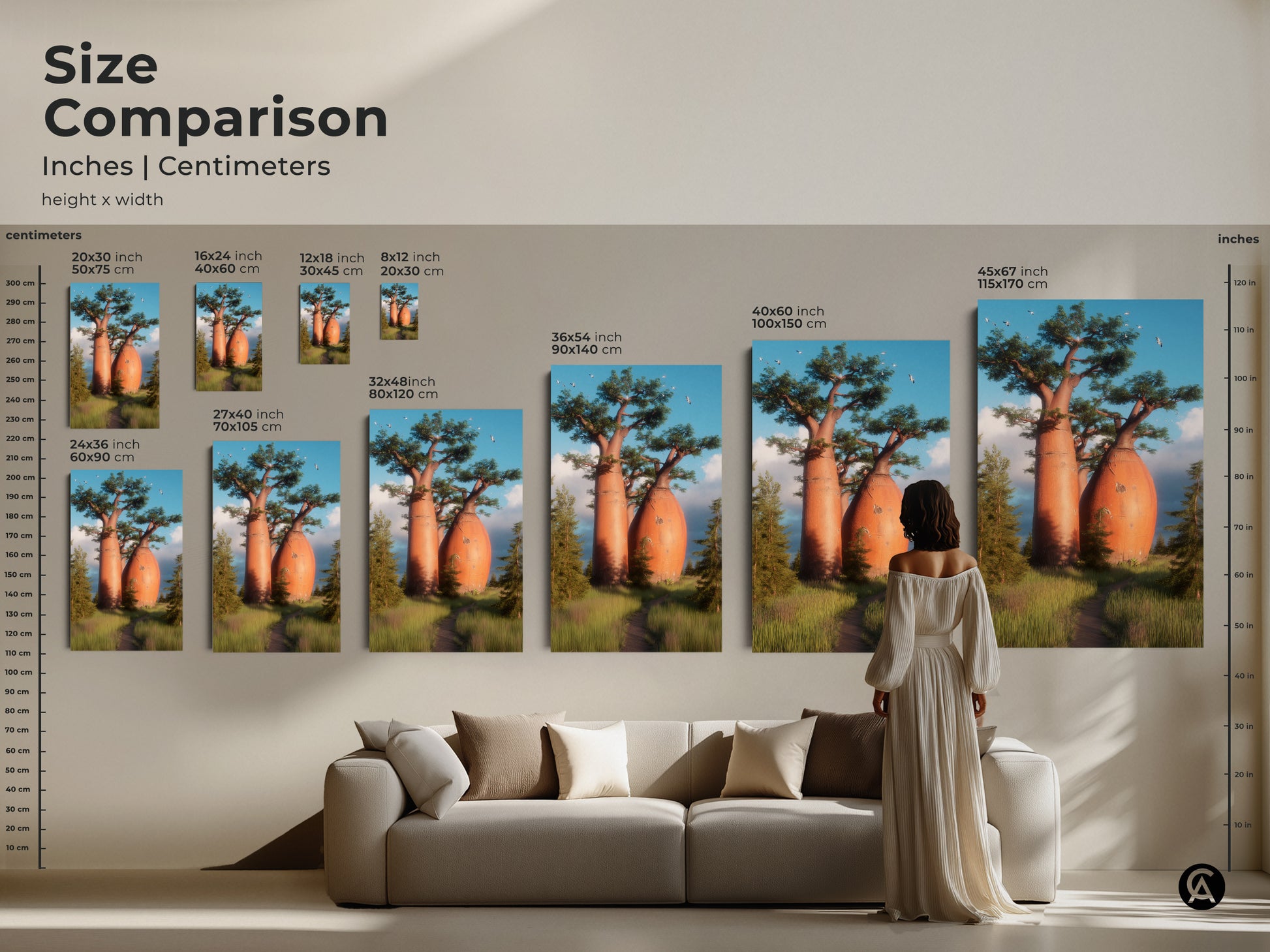 Size comparison of Baobab tree art prints in inches and centimeters. Visualize how the artwork will look in your living room. Choose from various sizes to suit your space and style. Find the perfect scenic nature wall art today.