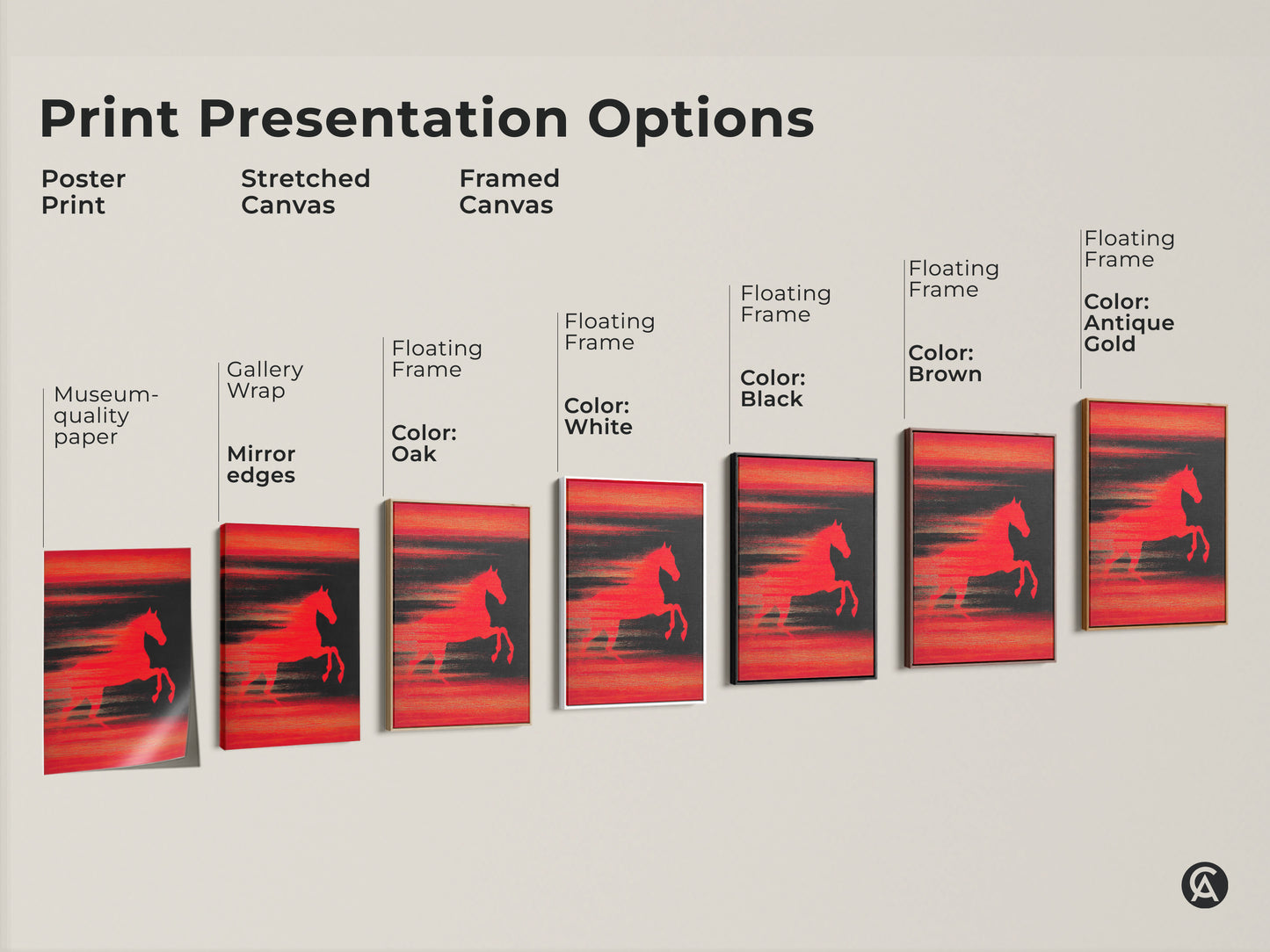 Print Presentation Options showcasing Abstract Horse Art. This image displays poster prints stretched canvases and framed canvases. Each features a bold red horse. The artwork embodies a dynamic and contemporary aesthetic. Perfect for adding modern art appeal to any space.
