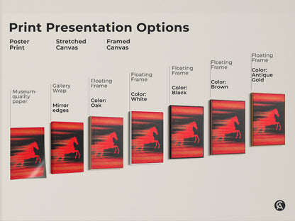 Print Presentation Options showcasing Abstract Horse Art. This image displays poster prints stretched canvases and framed canvases. Each features a bold red horse. The artwork embodies a dynamic and contemporary aesthetic. Perfect for adding modern art appeal to any space.