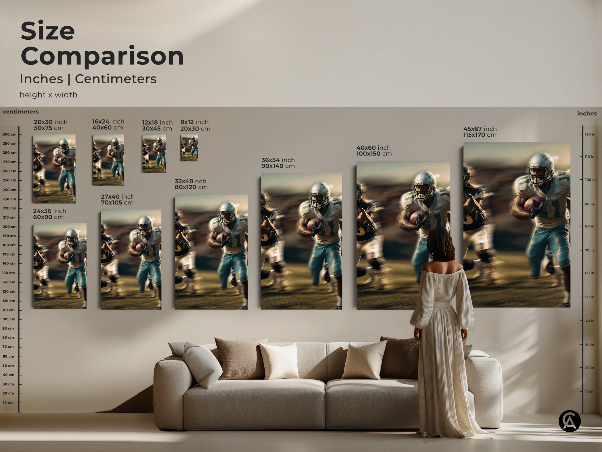 Compare sizes of the dynamic football player art print in inches and centimeters. Visualize how the modern sports canvas looks in different dimensions. From small accents to large statement pieces. This blue teal football print is perfect for any space. Ideal as man cave decor office art or a thoughtful gift for sports enthusiasts.