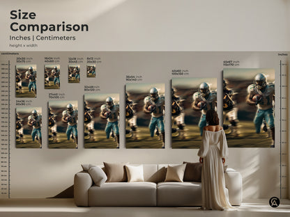 Compare sizes of the dynamic football player art print in inches and centimeters. Visualize how the modern sports canvas looks in different dimensions. From small accents to large statement pieces. This blue teal football print is perfect for any space. Ideal as man cave decor office art or a thoughtful gift for sports enthusiasts.
