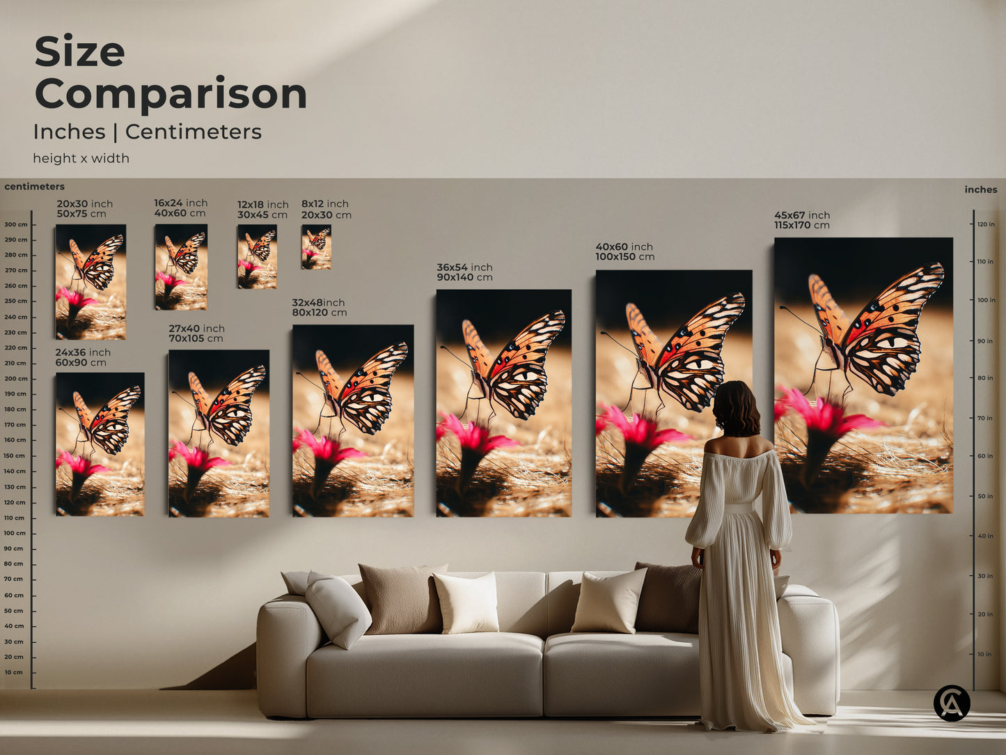 Size comparison of orange butterfly prints in inches and centimeters. See how the artwork looks in different sizes above a couch. Realistic insect wall decor for your living room or bedroom. Nature photography that adds a touch of boho style. Great art for nature lovers.