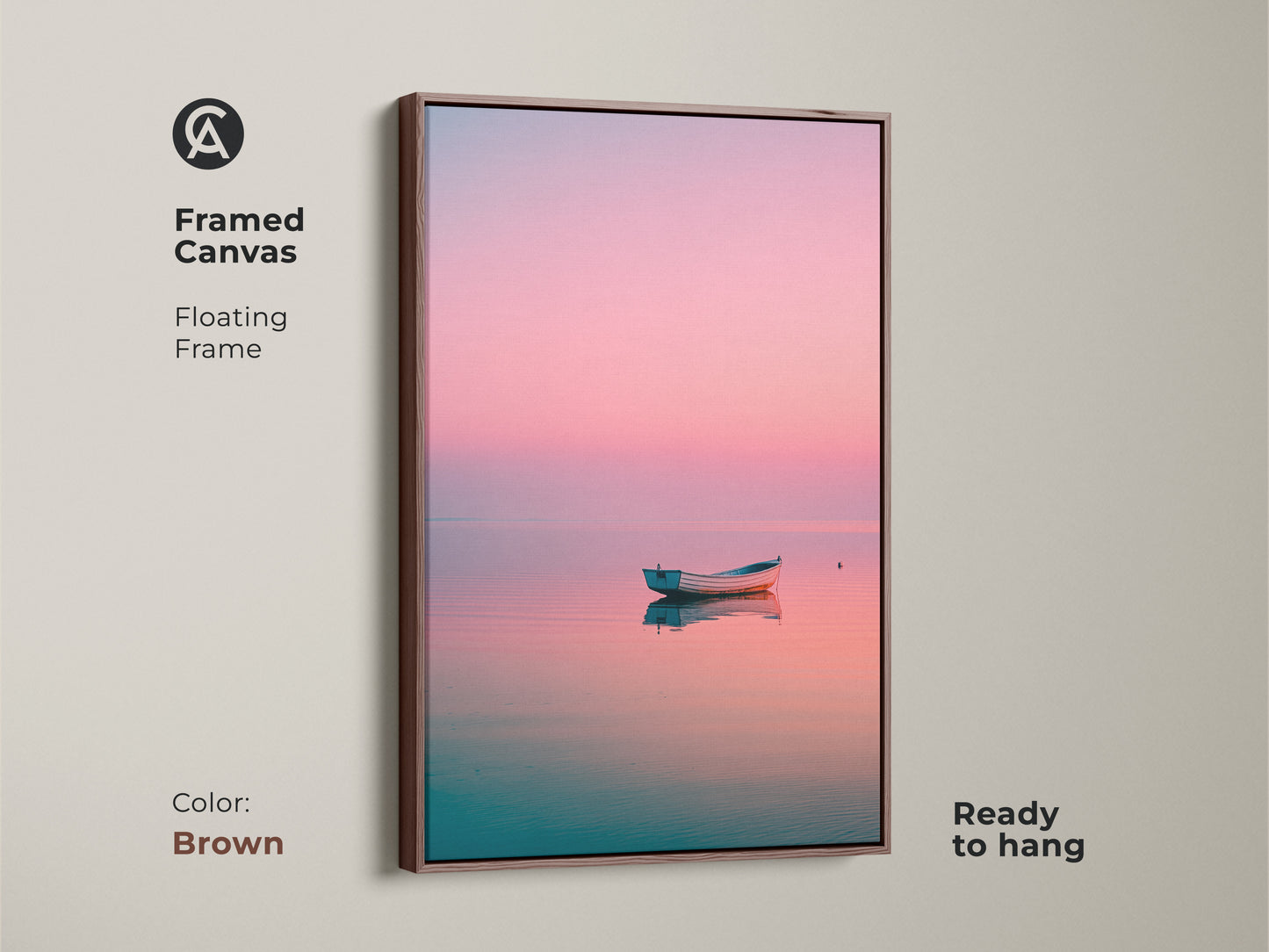 Framed canvas art featuring a boat on calm water. The floating frame is brown. This coastal artwork is ready to hang. A peaceful and serene fine art print for your home.
